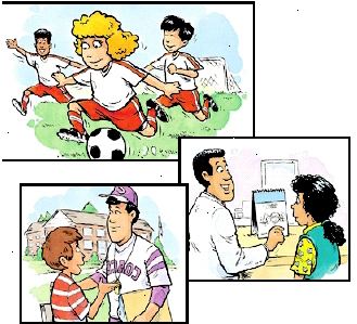 Tres niños que juegan al fútbol. Muchacha que habla con el médico. Niño hablar con el entrenador. Tres niños que juegan al fútbol. Muchacha que habla con el médico. Niño hablar con el entrenador.